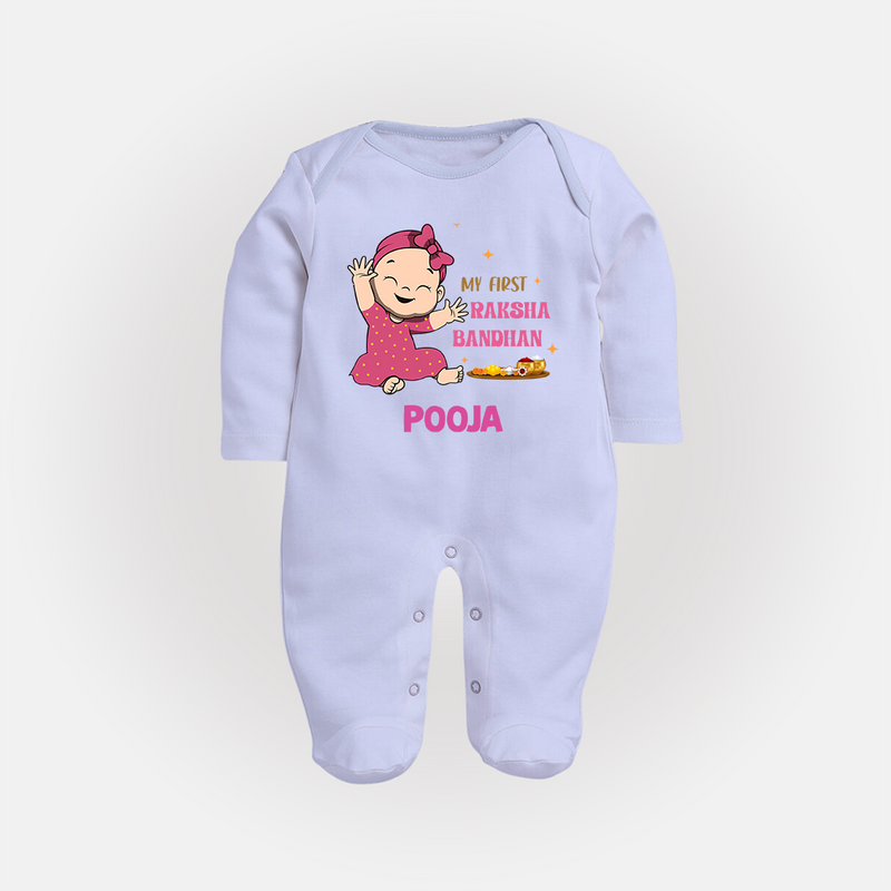 My First Raksha Bandhan | Sleep suit / Full sleeve bodysuit with Personalized Design - BABY BLUE - New Born (Chest 7.5")