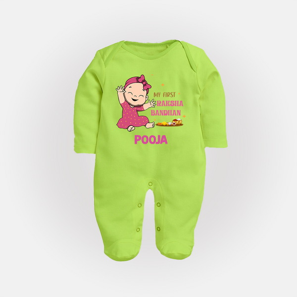 My First Raksha Bandhan | Sleep suit / Full sleeve bodysuit with Personalized Design - LIME GREEN - New Born (Chest 7.5")