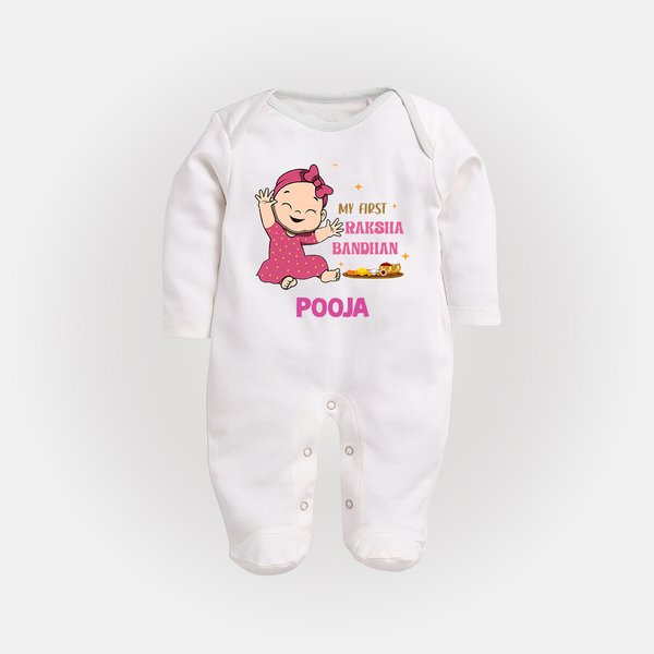 My First Raksha Bandhan | Sleep suit / Full sleeve bodysuit with Personalized Design - WHITE - New Born (Chest 7.5")