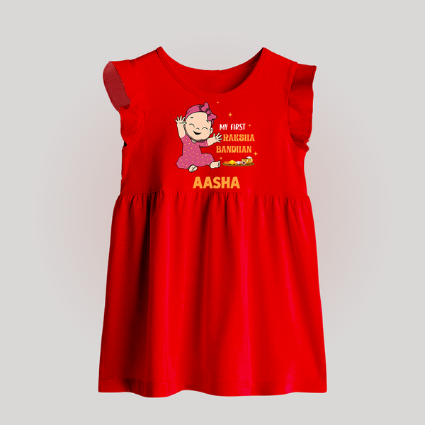 My First Raksha Bandhan | Baby Frock with Personalized Design - RED - 0 - 3 Months Old (Chest 17")