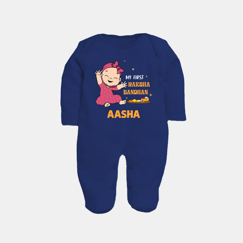 My First Raksha Bandhan | Sleep suit / Full sleeve bodysuit with Personalized Design - NAVY BLUE - New Born (Chest 7.5")