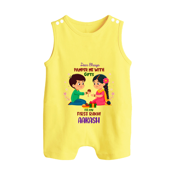 Personalized Baby Romper Suit/ Sleeveless Romper | My First Rakhi with Name and Date - PASTEL YELLOW - 0 - 5 Months Old (Chest 18")