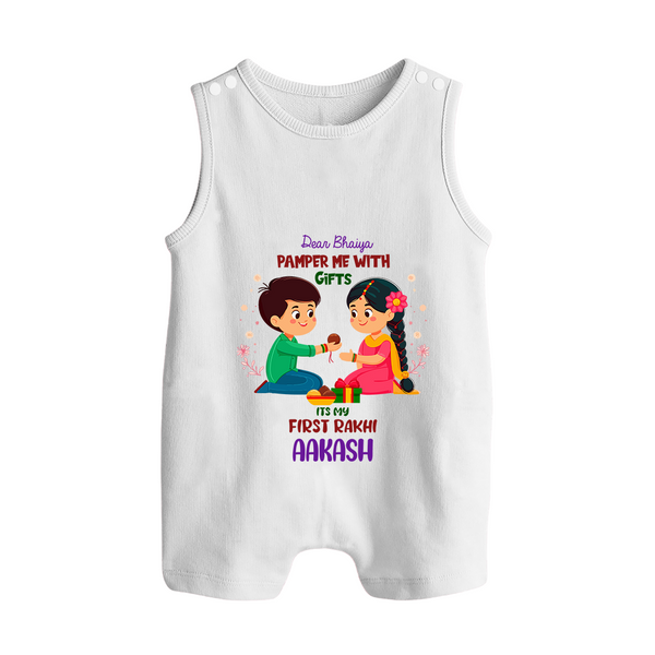 Personalized Baby Romper Suit/ Sleeveless Romper | My First Rakhi with Name and Date - WHITE - 0 - 5 Months Old (Chest 18")