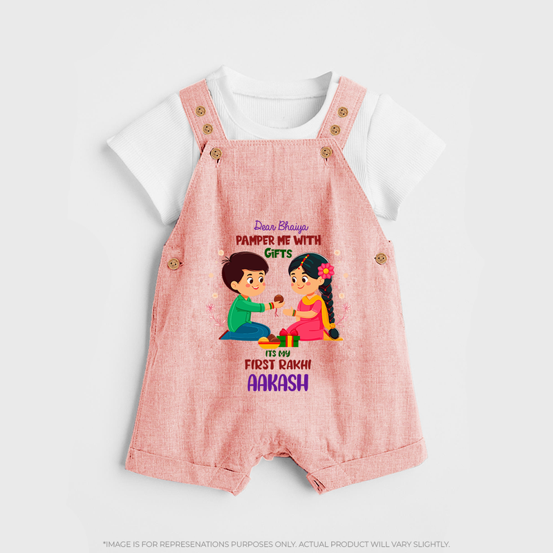 Personalized Baby Dungaree Set | My First Rakhi with Name and Date - PEACH - 0 - 5 Months Old (Chest 18")