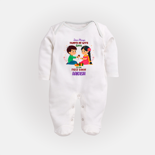 Personalized Baby Sleep suit / Full sleeve bodysuit | My First Rakhi with Name and Date - WHITE - New Born (Chest 7.5")