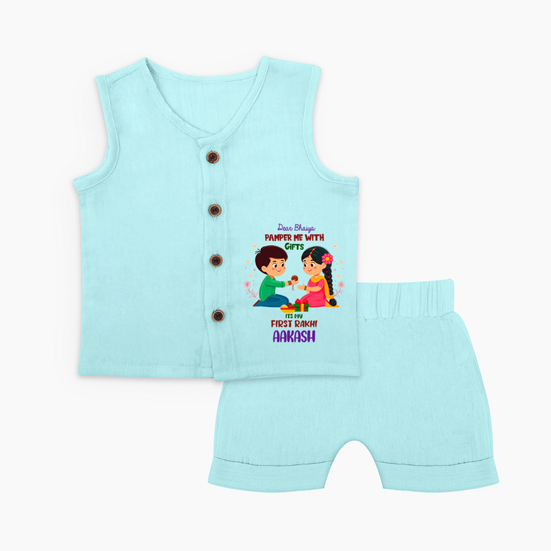 Personalized Baby Jabla Set | My First Rakhi with Name and Date - BABY BLUE - 0 - 3 Months Old (Chest 9.8")