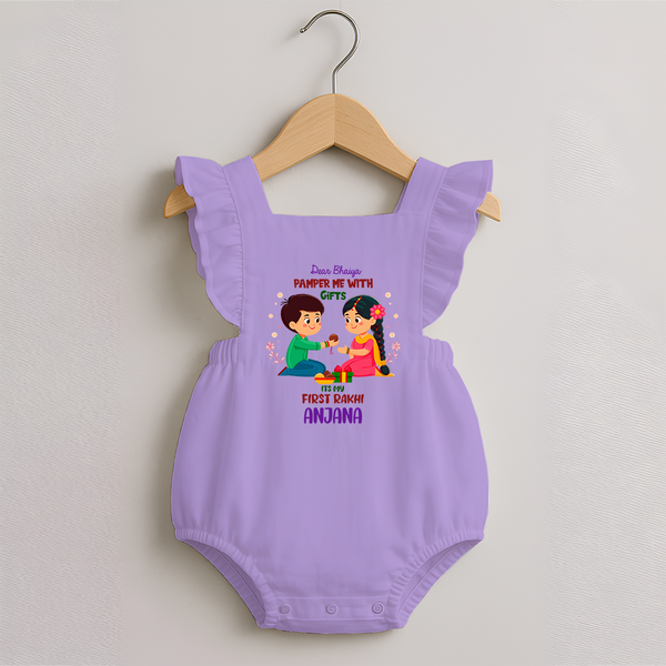 Personalized Baby Romper Frock | My First Rakhi with Name and Date - LILAC - 0 - 3 Months Old (Chest 19")