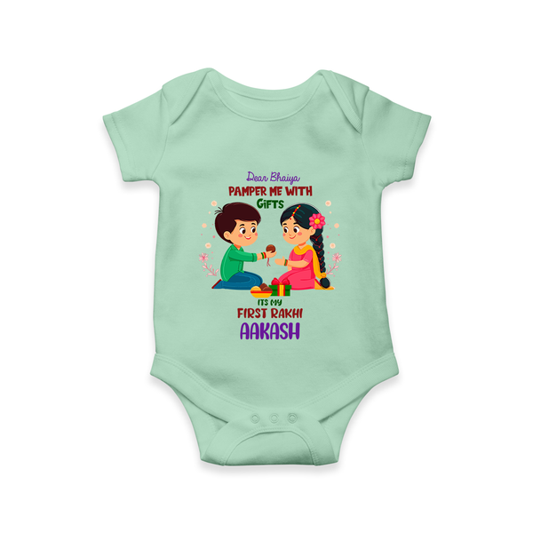Personalized Baby Romper | My First Rakhi with Name and Date - MINT GREEN - New Born (Chest 14")
