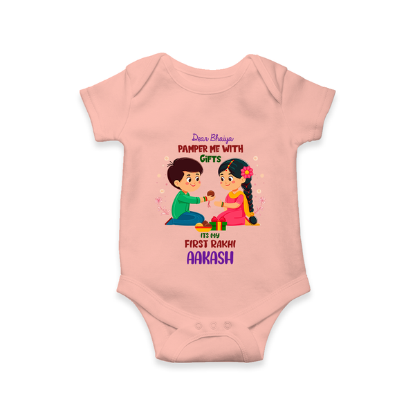 Personalized Baby Romper | My First Rakhi with Name and Date - PEACH - New Born (Chest 14")