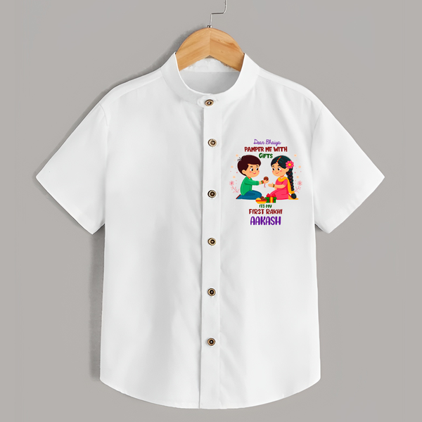 Personalized Baby Shirt | My First Rakhi with Name and Date - WHITE - 0 - 6 Months Old (Chest 23")