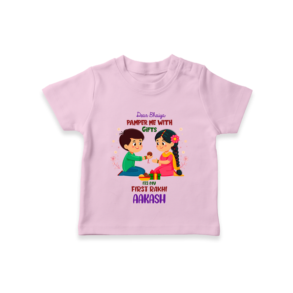 Personalized Baby T-Shirt | My First Rakhi with Name and Date - BABY PINK - 0-5 Months Old (Chest 17")