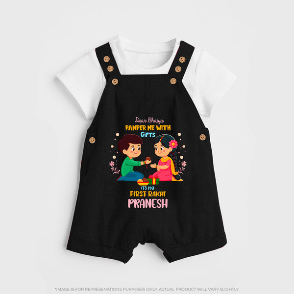 Personalized Baby Dungaree Set | My First Rakhi with Name and Date - BLACK - 0 - 5 Months Old (Chest 18")