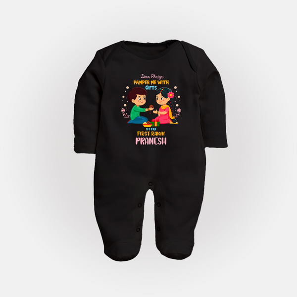 Personalized Baby Sleep suit / Full sleeve bodysuit | My First Rakhi with Name and Date - BLACK - New Born (Chest 7.5")