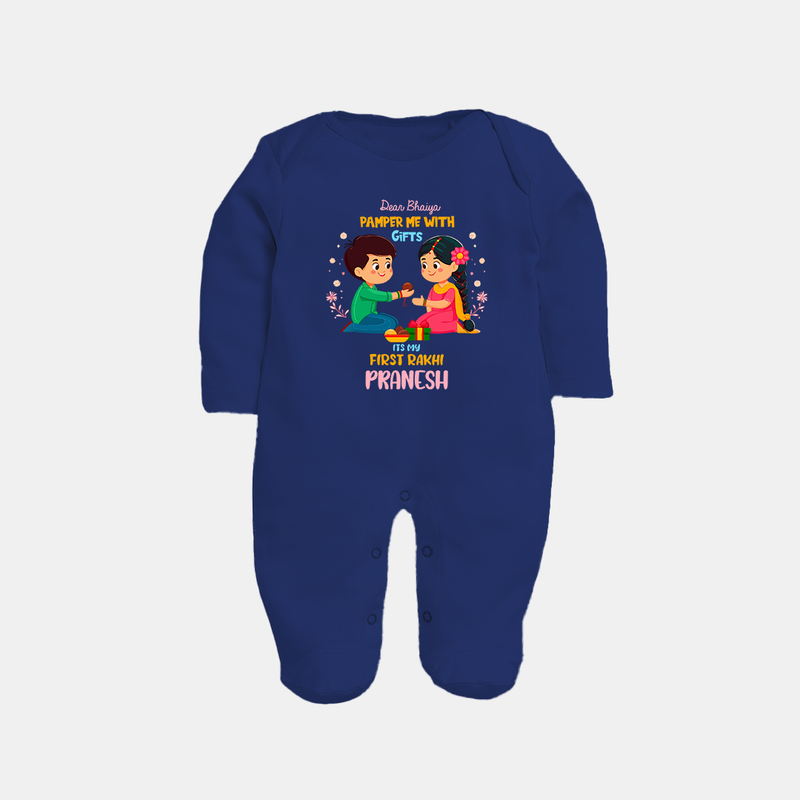 Personalized Baby Sleep suit / Full sleeve bodysuit | My First Rakhi with Name and Date - NAVY BLUE - New Born (Chest 7.5")