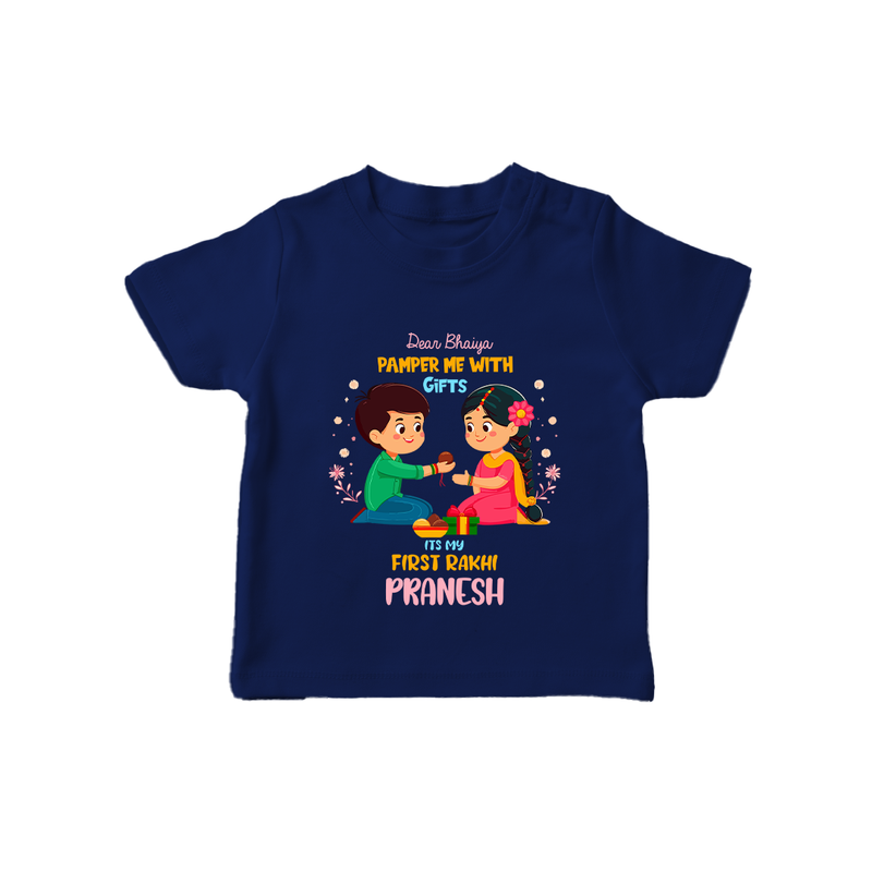 Personalized Baby T-Shirt | My First Rakhi with Name and Date - NAVY BLUE - 0-5 Months Old (Chest 17")