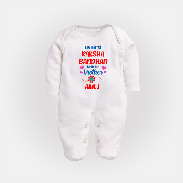 Infant Sleep suit / Full sleeve bodysuit | Adorable Outfit for First Rakhi Celebration - WHITE - New Born (Chest 7.5")