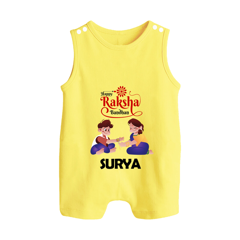 Happy Rakhi Rompersuit / Sleeveless Romper | Celebrate with Custom Babywear - PASTEL YELLOW - 0 - 5 Months Old (Chest 18")