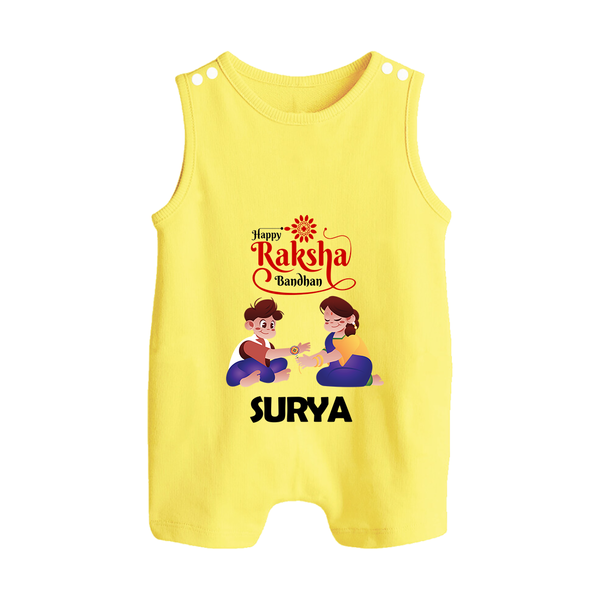 Happy Rakhi Rompersuit / Sleeveless Romper | Celebrate with Custom Babywear - PASTEL YELLOW - 0 - 5 Months Old (Chest 18")
