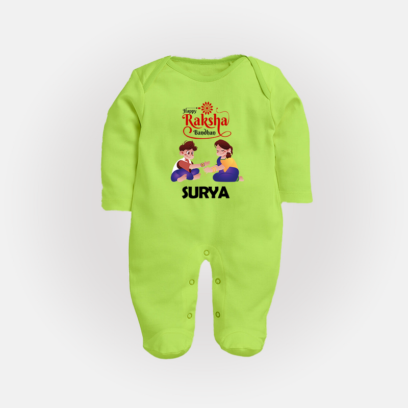 Happy Rakhi SleepSuit/ Full Sleeve Bodysuit | Celebrate with Custom Babywear - LIME GREEN - New Born (Chest 7.5")