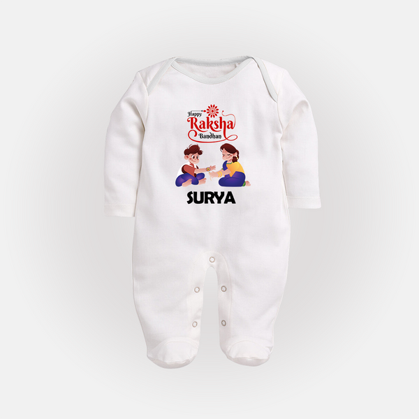 Happy Rakhi SleepSuit/ Full Sleeve Bodysuit | Celebrate with Custom Babywear - WHITE - New Born (Chest 7.5")