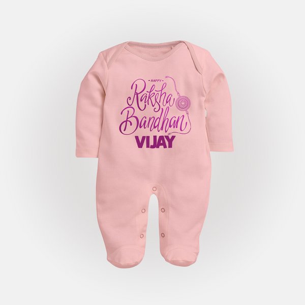 Newborn SleepSuit/ Full Sleeve Bodysuit | Celebrate Raksha Bandhan with Happy Rakhi Print - BABY PINK - New Born (Chest 7.5")