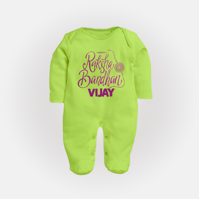 Newborn SleepSuit/ Full Sleeve Bodysuit | Celebrate Raksha Bandhan with Happy Rakhi Print - LIME GREEN - New Born (Chest 7.5")