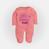 Newborn SleepSuit/ Full Sleeve Bodysuit | Celebrate Raksha Bandhan with Happy Rakhi Print - PEACH - New Born (Chest 7.5")