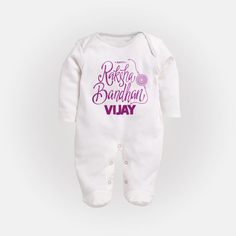 Newborn SleepSuit/ Full Sleeve Bodysuit | Celebrate Raksha Bandhan with Happy Rakhi Print - WHITE - New Born (Chest 7.5")