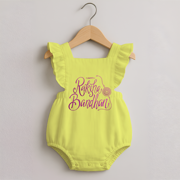 Newborn Romper Frock | Celebrate Raksha Bandhan with Happy Rakhi Print - PASTEL YELLOW - 0 - 3 Months Old (Chest 19")