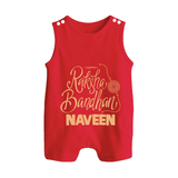 Newborn Rompersuit / Sleeveless Romper | Celebrate Raksha Bandhan with Happy Rakhi Print - RED - 0 - 5 Months Old (Chest 18")