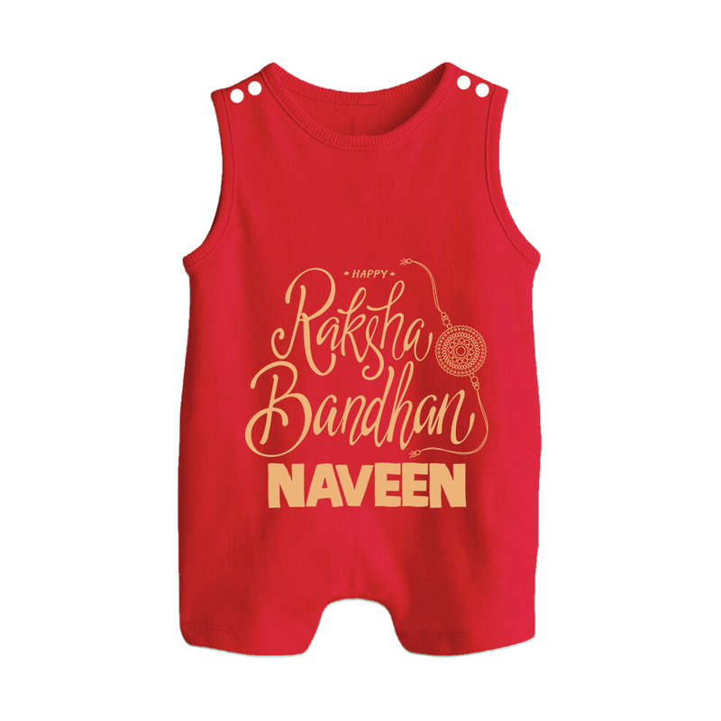 Newborn Rompersuit / Sleeveless Romper | Celebrate Raksha Bandhan with Happy Rakhi Print - RED - 0 - 5 Months Old (Chest 18")