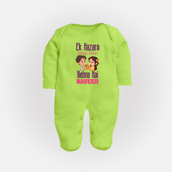 Personalized Baby SleepSuit/ Full Sleeve Bodysuit | Happy Raksha Bandhan Outfit - LIME GREEN - New Born (Chest 7.5")