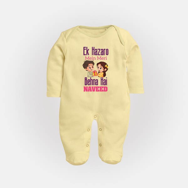 Personalized Baby SleepSuit/ Full Sleeve Bodysuit | Happy Raksha Bandhan Outfit - PASTEL YELLOW - New Born (Chest 7.5")