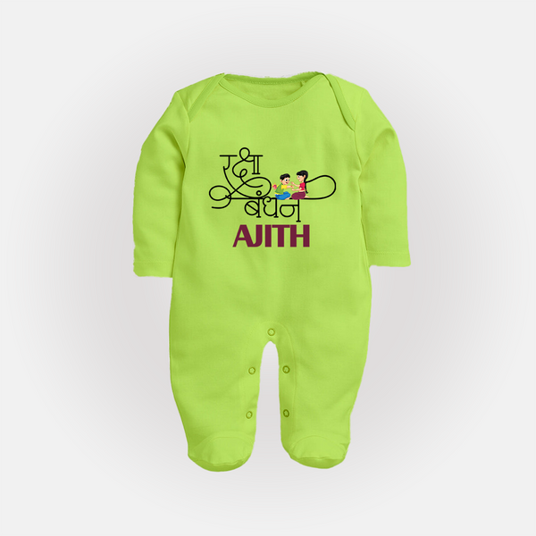 Happy Raksha Bandhan SleepSuit/ Full Sleeve Bodysuit | Adorable Print for Babies - LIME GREEN - New Born (Chest 7.5")