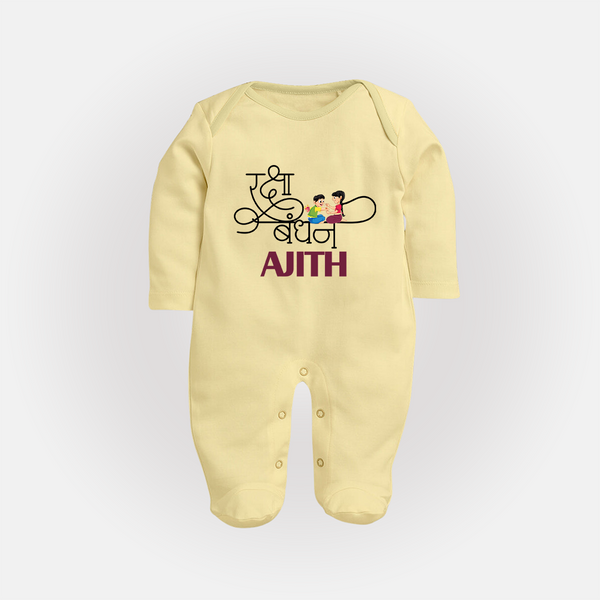 Happy Raksha Bandhan SleepSuit/ Full Sleeve Bodysuit | Adorable Print for Babies - PASTEL YELLOW - New Born (Chest 7.5")