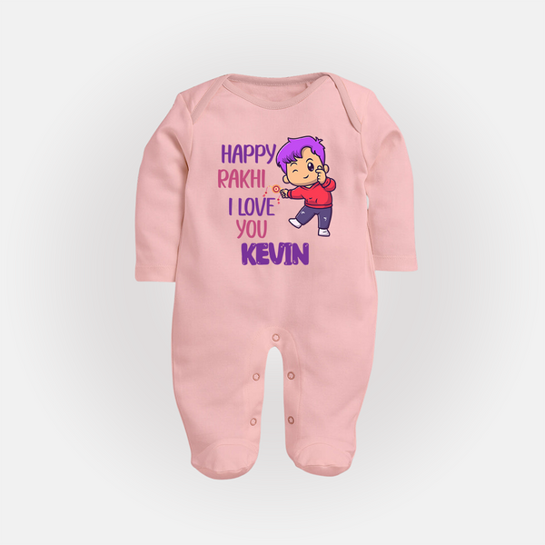 Soft Cotton SleepSuit/ Full Sleeve Bodysuit | Happy Rakhi Design for Newborns - BABY PINK - New Born (Chest 7.5")