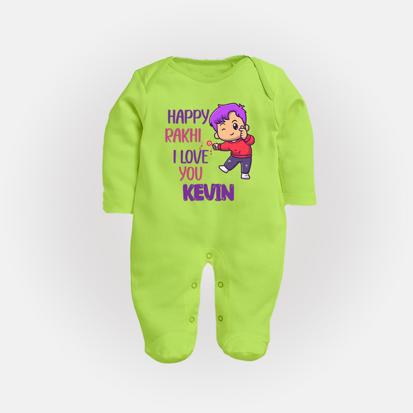 Soft Cotton SleepSuit/ Full Sleeve Bodysuit | Happy Rakhi Design for Newborns - LIME GREEN - New Born (Chest 7.5")