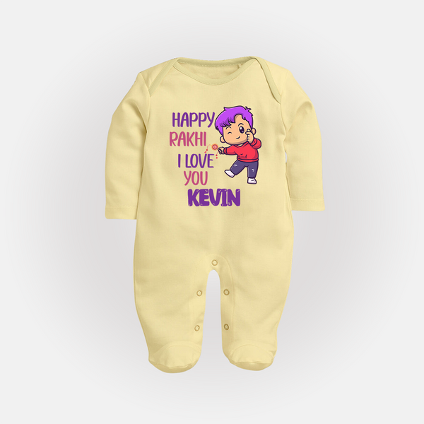 Soft Cotton SleepSuit/ Full Sleeve Bodysuit | Happy Rakhi Design for Newborns - PASTEL YELLOW - New Born (Chest 7.5")