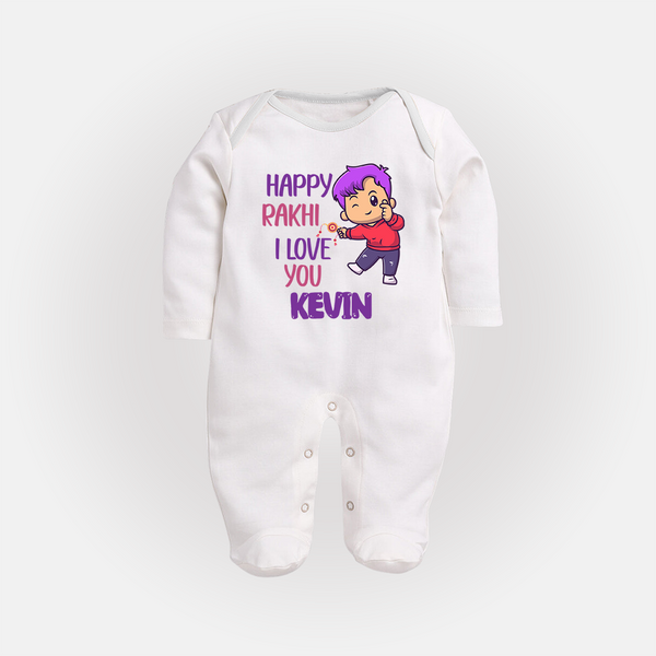 Soft Cotton SleepSuit/ Full Sleeve Bodysuit | Happy Rakhi Design for Newborns - WHITE - New Born (Chest 7.5")