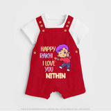 Soft Cotton Dungaree Set | Happy Rakhi Design for Newborns - RED - 0 - 5 Months Old (Chest 18")