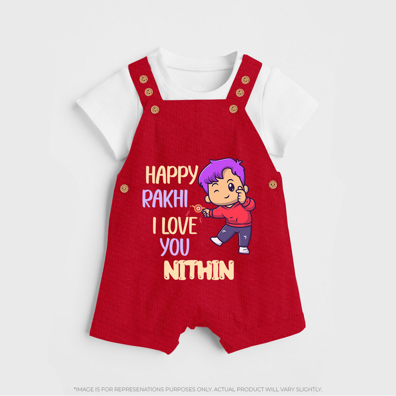 Soft Cotton Dungaree Set | Happy Rakhi Design for Newborns - RED - 0 - 5 Months Old (Chest 18")