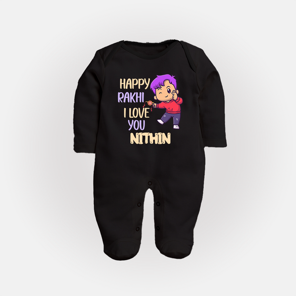 Soft Cotton SleepSuit/ Full Sleeve Bodysuit | Happy Rakhi Design for Newborns - BLACK - New Born (Chest 7.5")