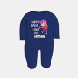 Soft Cotton SleepSuit/ Full Sleeve Bodysuit | Happy Rakhi Design for Newborns - NAVY BLUE - New Born (Chest 7.5")