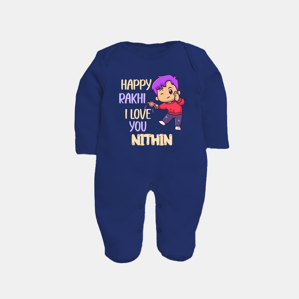 Soft Cotton SleepSuit/ Full Sleeve Bodysuit | Happy Rakhi Design for Newborns - NAVY BLUE - New Born (Chest 7.5")