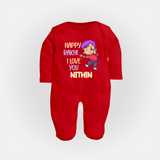 Soft Cotton SleepSuit/ Full Sleeve Bodysuit | Happy Rakhi Design for Newborns - RED - New Born (Chest 7.5")
