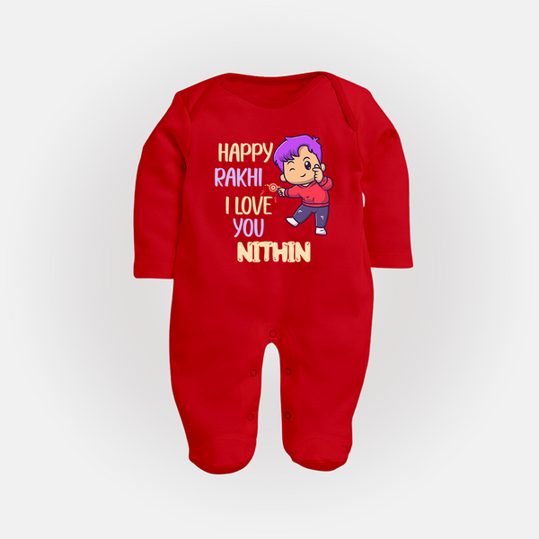 Soft Cotton SleepSuit/ Full Sleeve Bodysuit | Happy Rakhi Design for Newborns - RED - New Born (Chest 7.5")