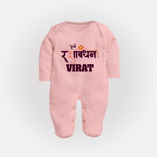 Happy Rakhi SleepSuit/ Full Sleeve Bodysuit | Custom Name Print for Baby Festival Look - BABY PINK - New Born (Chest 7.5")