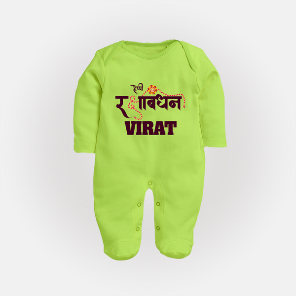 Happy Rakhi SleepSuit/ Full Sleeve Bodysuit | Custom Name Print for Baby Festival Look - LIME GREEN - New Born (Chest 7.5")