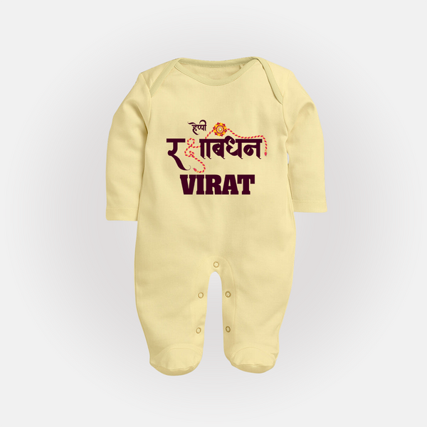 Happy Rakhi SleepSuit/ Full Sleeve Bodysuit | Custom Name Print for Baby Festival Look - PASTEL YELLOW - New Born (Chest 7.5")