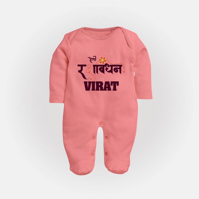 Happy Rakhi SleepSuit/ Full Sleeve Bodysuit | Custom Name Print for Baby Festival Look - PEACH - New Born (Chest 7.5")